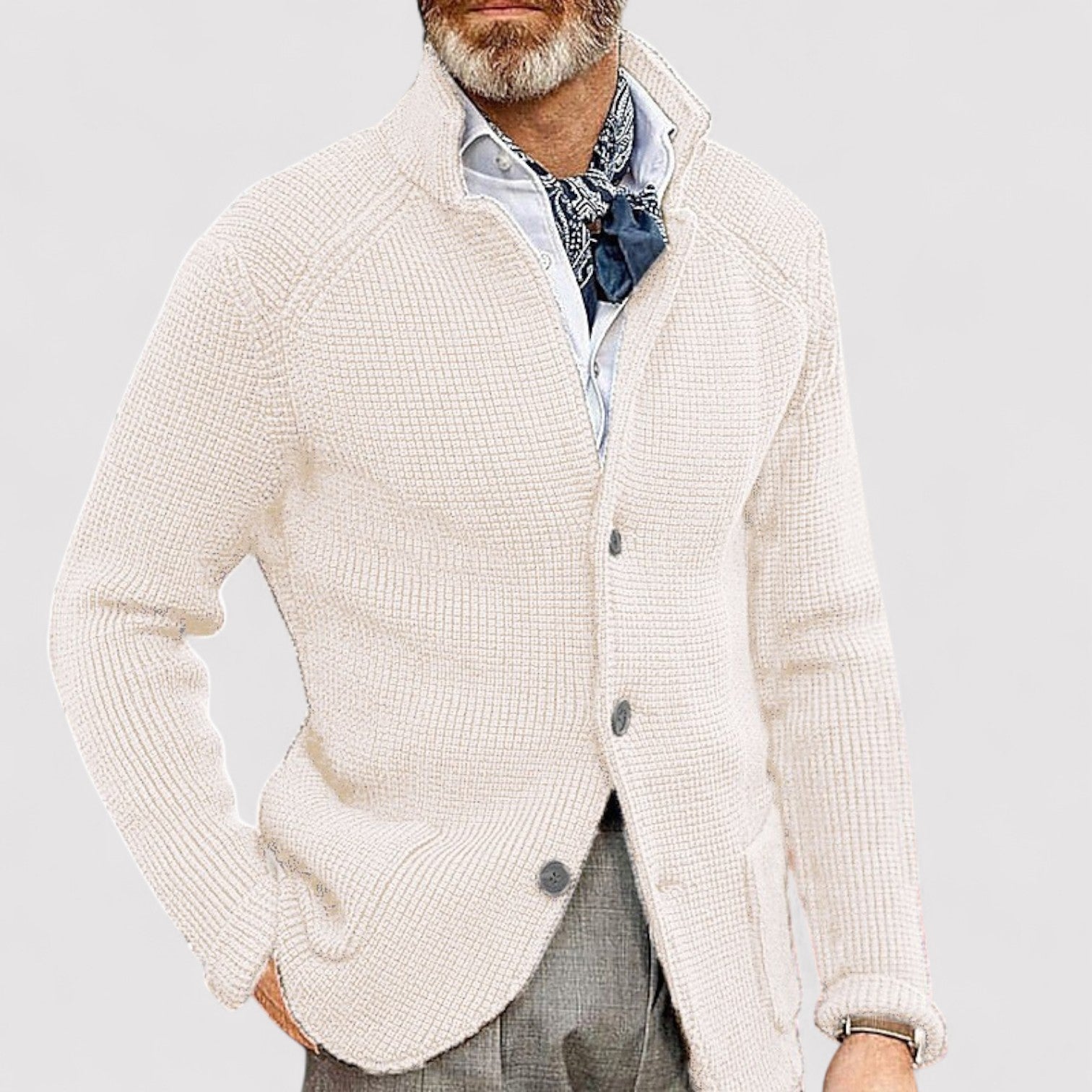 Lorenzi & Montague | The Curator – Waffle Knit Cardigan with Stand Collar