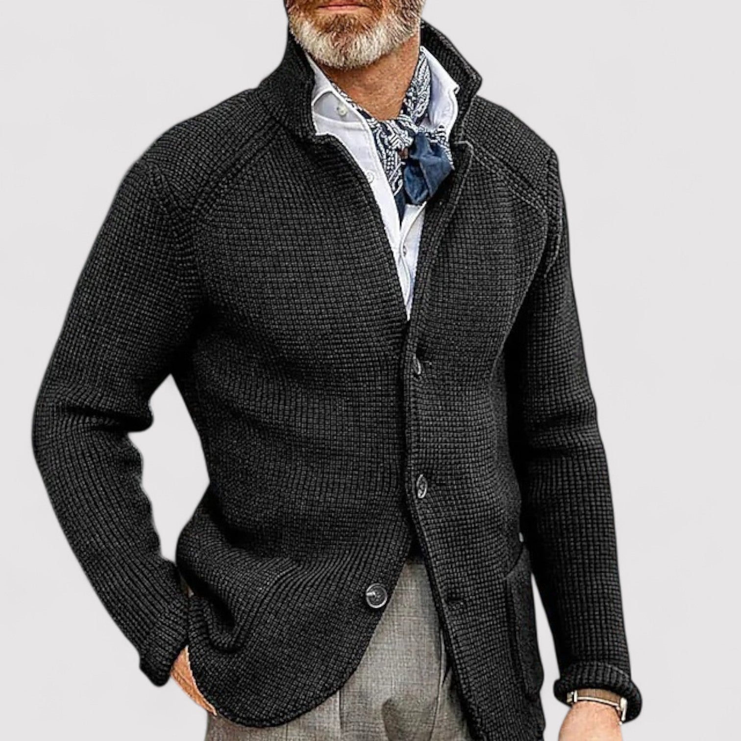 Lorenzi & Montague | The Curator – Waffle Knit Cardigan with Stand Collar