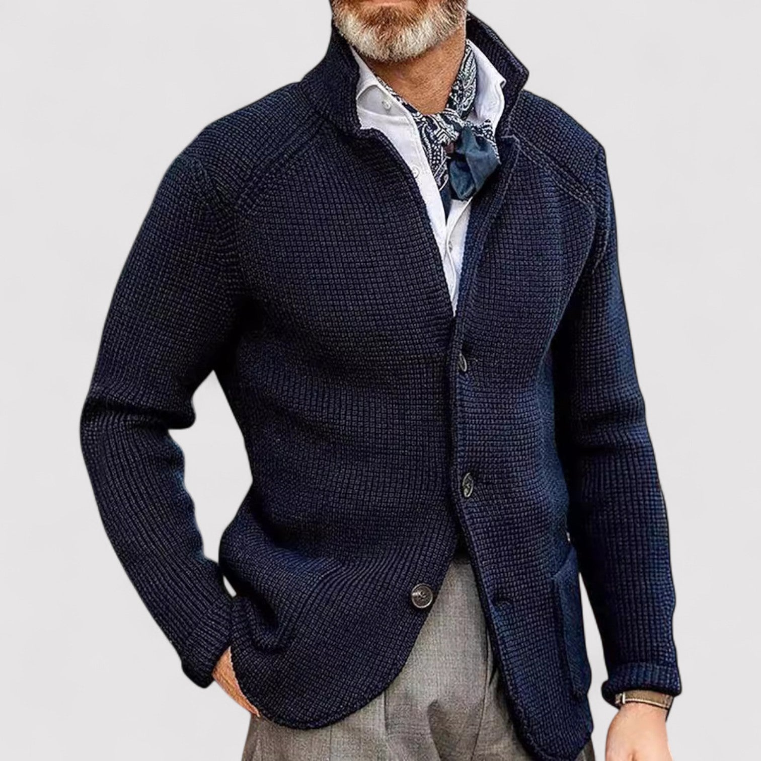 Lorenzi & Montague | The Curator – Waffle Knit Cardigan with Stand Collar