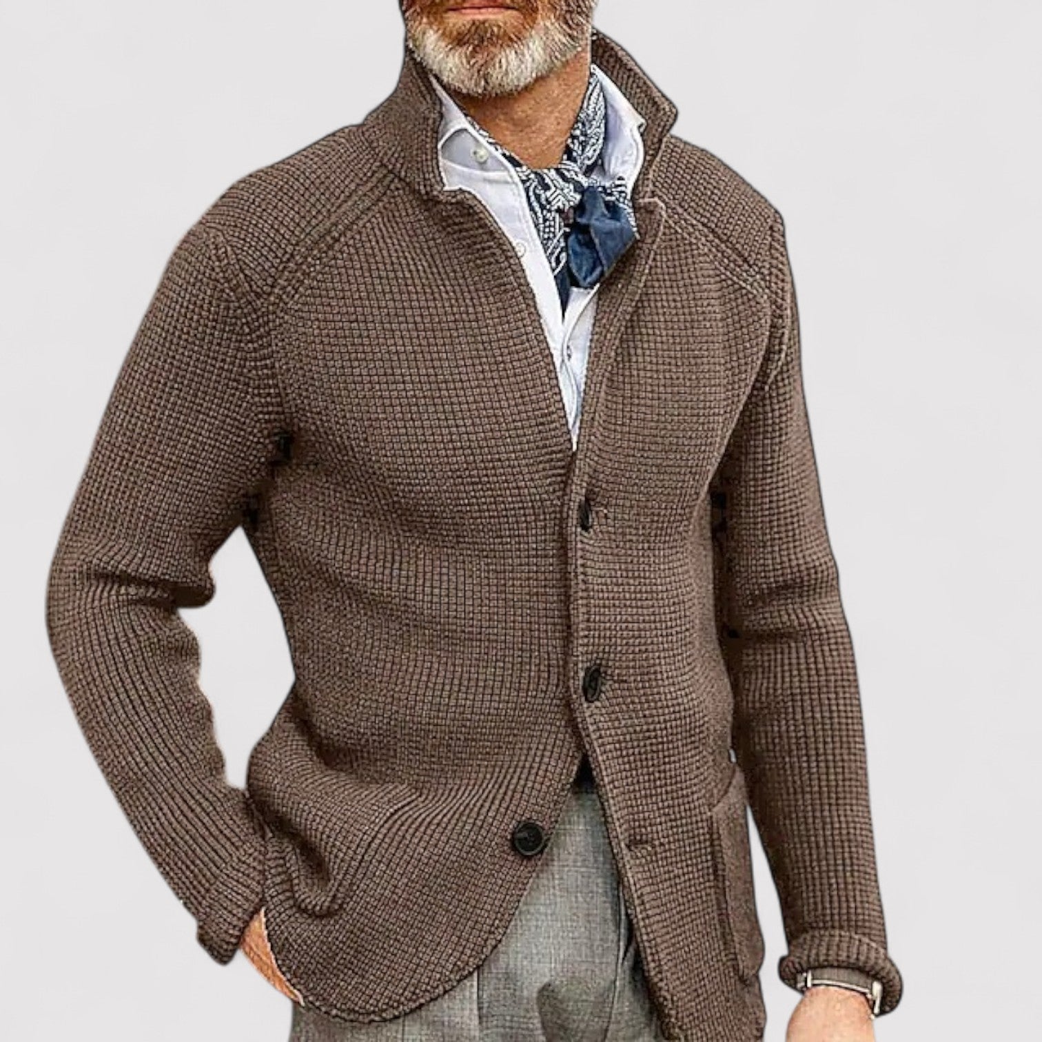 Lorenzi & Montague | The Curator – Waffle Knit Cardigan with Stand Collar