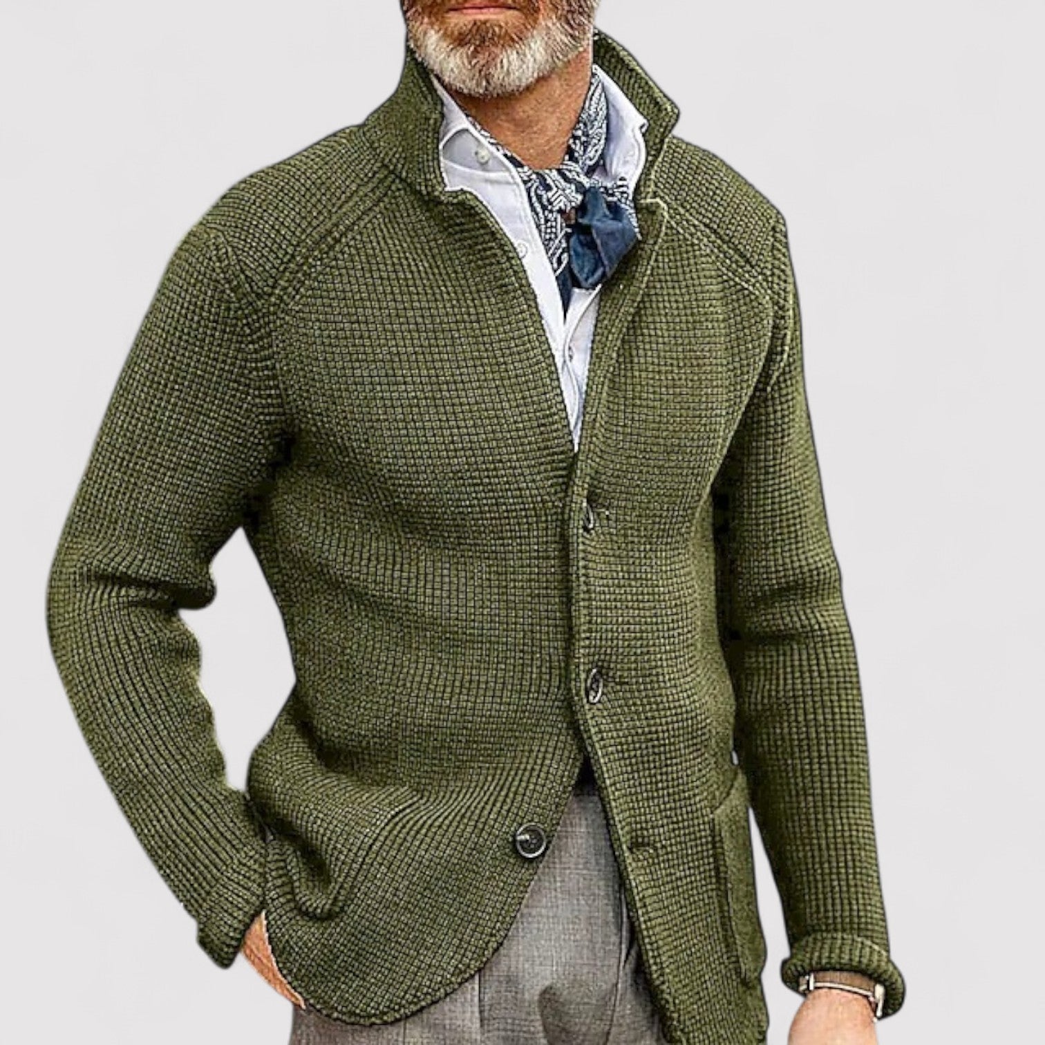 Lorenzi & Montague | The Curator – Waffle Knit Cardigan with Stand Collar